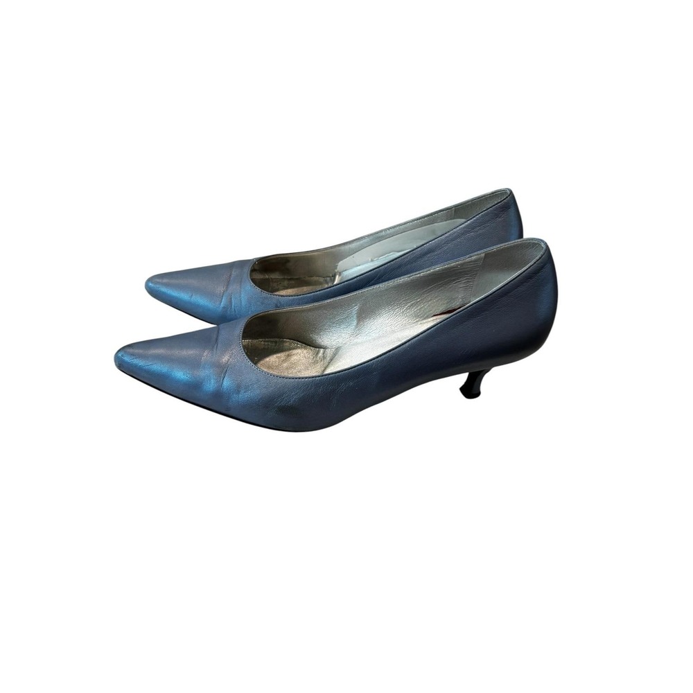Escada Kitten Heel Pumps Size 8.5 Blue Metallic Pointed Toe Leather Italy